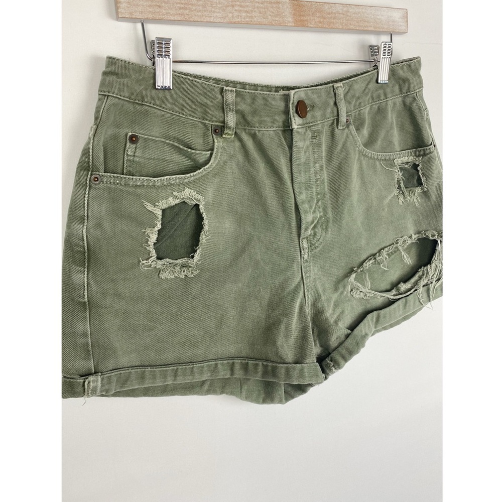 Asos Denim Distressed High Rise Roll Cuff Shorts, Olive Green - Size 10 - Picture 2 of 7